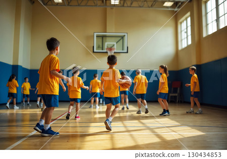 schoolchildren playing basketball in the gym, group of children in sportswear training 130434853