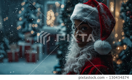 Black woman dressed as Santa Claus in a snowy city 130434874