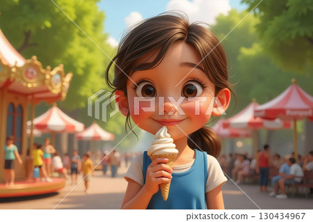cute girl eating ice cream in amusement park on summer day, cartoon illustration 130434967