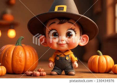 cartoon little boy dressed as witch with pumpkins in background, halloween concept 130434976