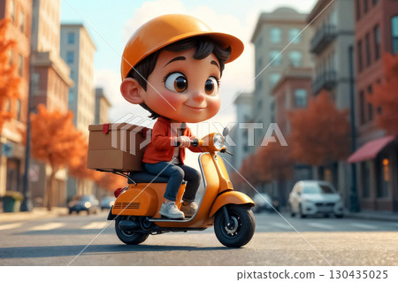 cute food delivery man on yellow scooter on autumn street, cartoon illustration, delivery concept 130435025