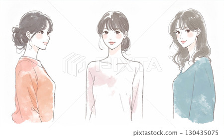 Watercolor and hand-drawn illustration material of women and girls 130435075