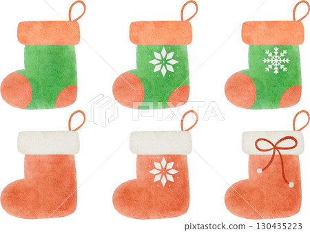 Watercolor illustration of a Christmas stocking set 130435223