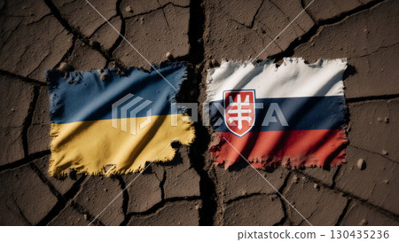 torn flags of ukraine and slovakia on cracked earth background, political crisis concept, top view 130435236