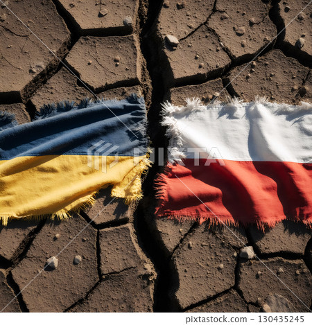 flags of ukraine and poland against cracked earth, concept of political crisis 130435245