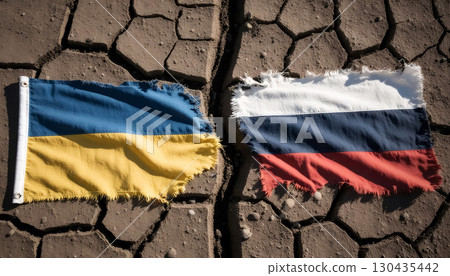 flags of ukraine and russia on cracked earth background, concept of political crisis and war 130435442