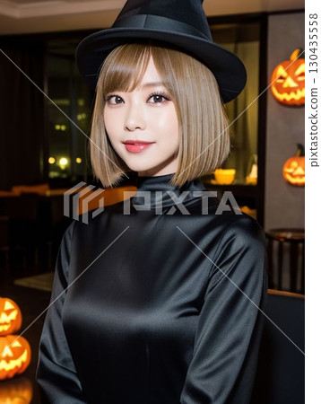 A woman who has a Halloween party 130435558