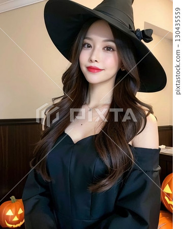 A woman who has a Halloween party 130435559