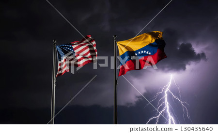 waving flags of venezuela and the united states against a dark stormy sky and lightning 130435640