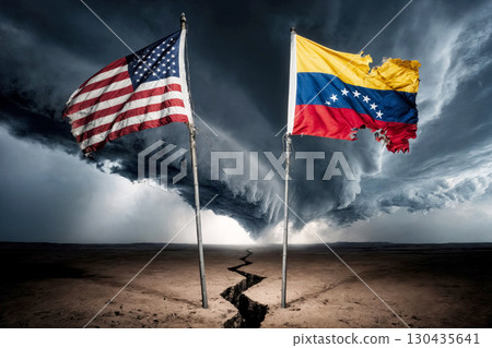 image of crisis between US and Venezuela against dark stormy sky 130435641