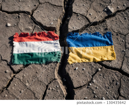 tattered flags of ukraine and hungary against cracked earth, concept of political crisis tattered flags of ukraine and hungary against cracked earth, concept of political crisis 130435642