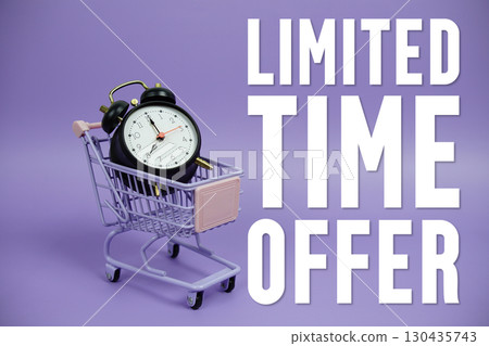 Limited Time Offer text with trolley shopping cart and alarm clock on purple background 130435743