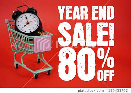 Year End Sale 80% off Promotion and Marketing with trolley shopping cart and alarm clock on red background 130435752