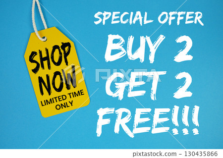 Buy 2 Get 2 Free!!! text with price tag on blue background 130435866
