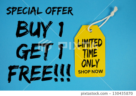Buy 1 Get 1 Free!! special offer with price tag on blue background 130435870