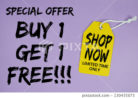 Buy 1 Get 1 Free!! special offer with price tag on purple background 130435873