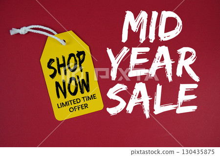 Mid Year Sale special offer with price tag on red background Mid Year Sale special offer with price tag on red background 130435875