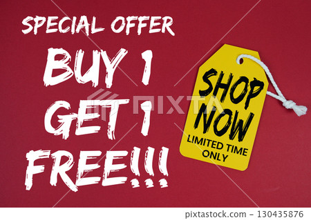 Buy 1 Get 1 Free!! special offer with price tag on red background 130435876