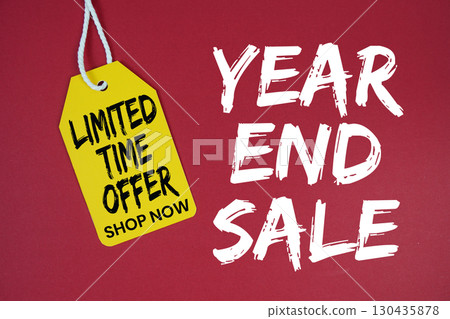 Year End Sale with limited time offer and price tag on red backgroud 130435878