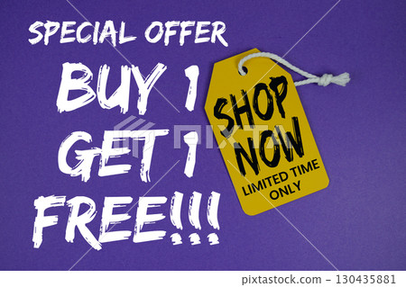 Buy 1 Get 1 Free!! special offer with price tag on purple background 130435881