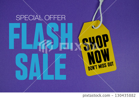 Flash Sale special offer with price tag on purple background 130435882
