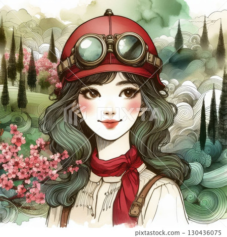 Taiwanese girl in Alishan forest railways with Generative AI. 130436075