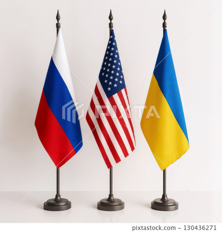flags of russia, usa and ukraine on flagpoles isolated on white background 130436271