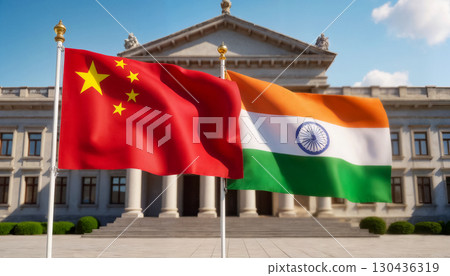 flags of china and india against the backdrop of the national assembly of india 130436319