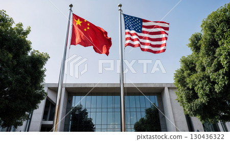 usa and china flags in front of modern building, commonwealth concept 130436322