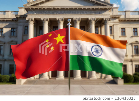 waving flags of china and india against government building 130436325