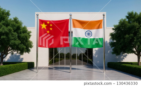 Chinese and Indian flags at the entrance to a government building 130436330