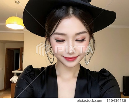 A young lady wearing a hat 130436386