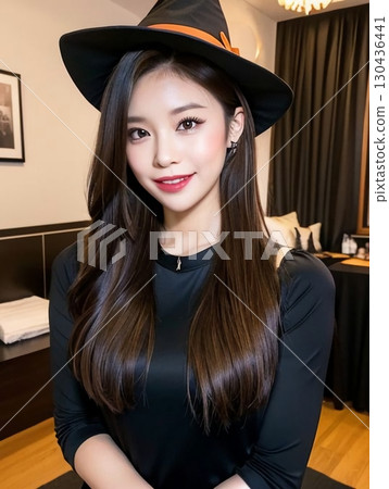 A woman wearing a Halloween hat 130436441