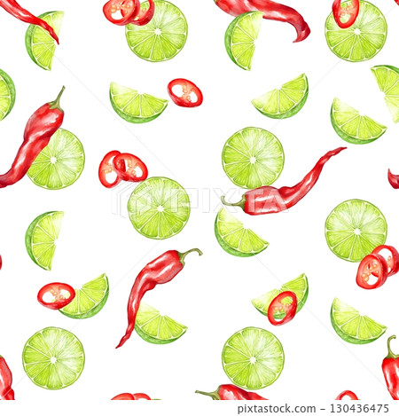 Hand-drawn illustration of a seamless pattern with vibrant red chili peppers and fresh lime slices scattered on a white background 130436475