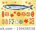 一組以金色大海為背景的「秋刀魚」（太平洋秋刀魚）的手繪插畫和標誌。秋葉與秋刀魚的標誌，秋日的氣息。 130436538