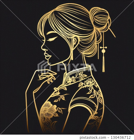 Elegant Golden Silhouette of a Woman in Traditional cheongsam with Generative AI. 130436712