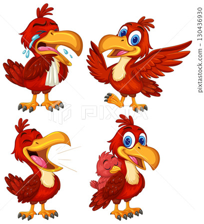 Cartoon Red Bird Expressing Emotions in Four Poses 130436930