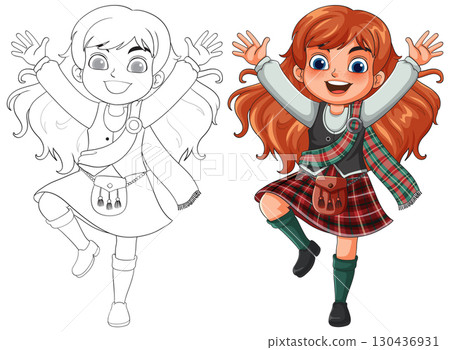 Happy Redheaded Girl in Traditional Scottish Dress Jumping 130436931