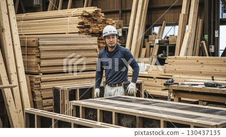 Craftsman working in a lumber yard Craftsman working in a lumber yard 130437135