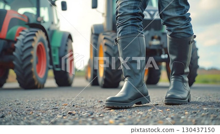 farmer standing next to a modern tractor on a rural road, focusing on her brown boots. 130437150
