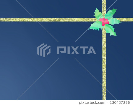 深藍色包裝紙和金色絲帶設計的聖誕相框。優雅的節日插畫。 130437256