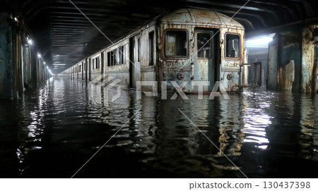 Flooded subway tunnel abandoned train car dark water urban decay disaster eerie atmosphere 130437398