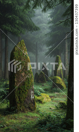 Moss covered ancient standing stones in misty forest, tranquil and mysterious atmosphere 130437399