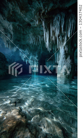 Crystal clear water, deep underwater cave, stalactites, serene, natural rock formation Crystal clear water, deep underwater cave, stalactites, serene, natural rock formation 130437402