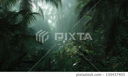 Dense jungle interior thick foliage faint sunlight lush green tropical rainforest Dense jungle interior thick foliage faint sunlight lush green tropical rainforest 130437403