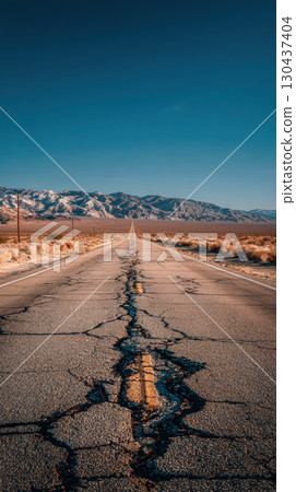 Deserted highway, cracked asphalt, dry landscape, mountain, blue sky, remote 130437404