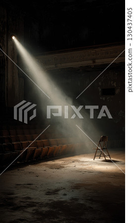 Dusty abandoned theater spotlight empty chair dramatic light beam moody atmosphere Dusty abandoned theater spotlight empty chair dramatic light beam moody atmosphere 130437405