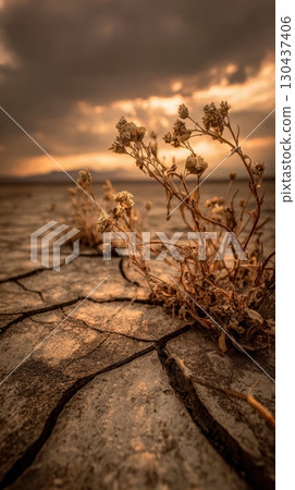Drought cracked earth dry plant sunset dramatic sky arid landscape nature 130437406