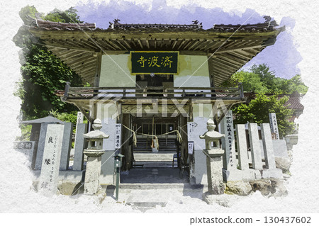 Watercolor painting of the bell tower gate of Saitoji Temple, Niimi City, Okayama Prefecture 130437602