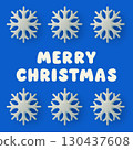 Square Merry Christmas poster with bold white typography and 3D snowflakes on a bright blue background. Minimal festive design for greeting cards, social media, flyers and winter holiday projects. 130437608